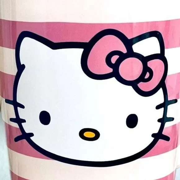 NWT Gorgeous Hello Kitty Pink Striped Glossy Ceramic Tall Travel Mug with lid - Picture 13 of 16